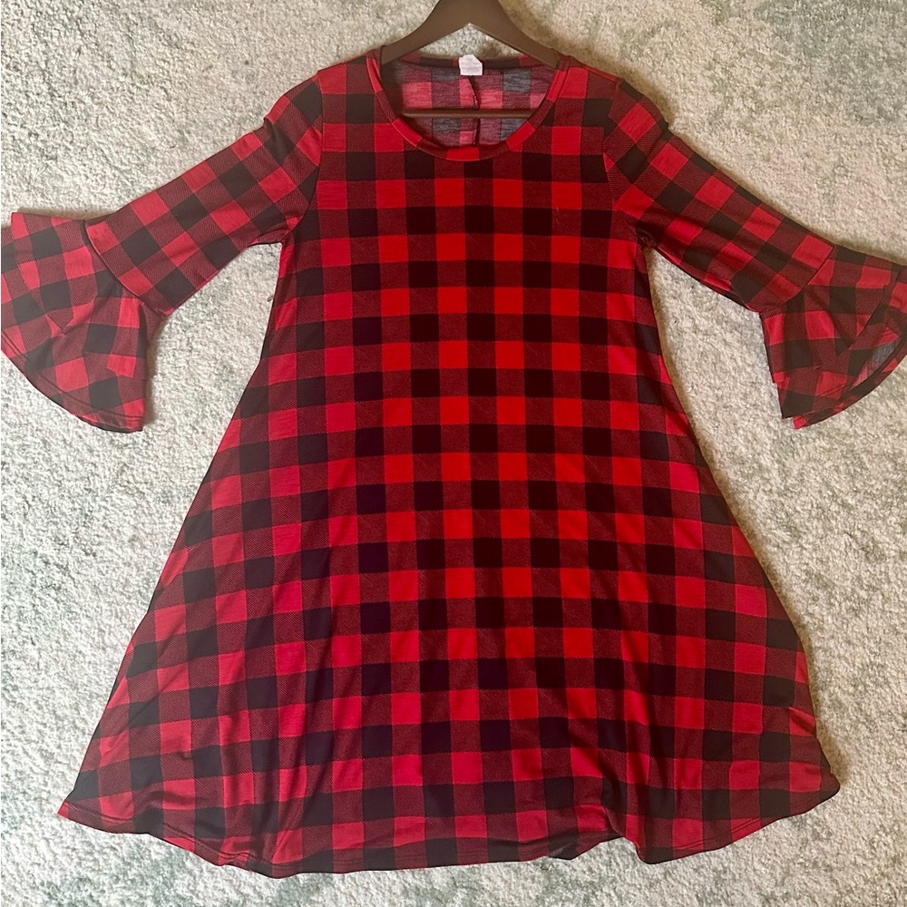 Red and Black Plaid Dress with Ruffle Sleeves
